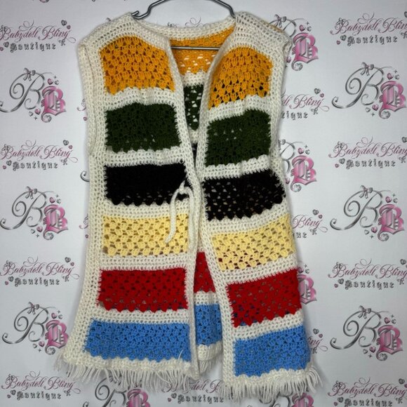 Vest cardigan knit handmade striped crochet ribbon π bow tie up warm cozy cute - Picture 12 of 14